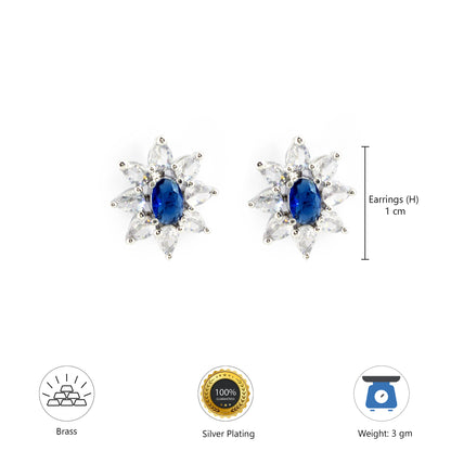 Rhodium Plated Blue AD Floral Studs for Women