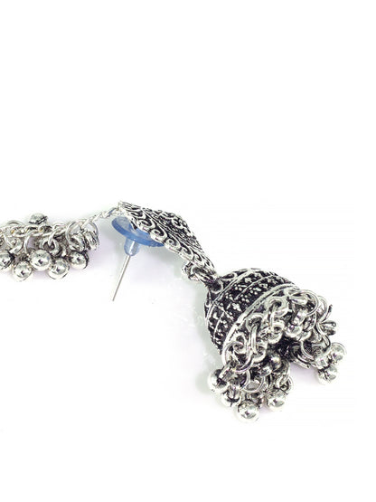 Silver-Oxidised Floral Jhumka Earrings With Ear Chain