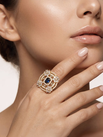 Gold Plated Blue AD Floral Adjustable Finger Ring for Women
