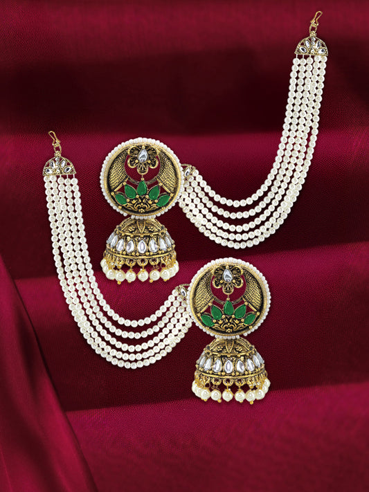 Gold-Plated Green Traditional Jhumka Earrings With Ear Chain