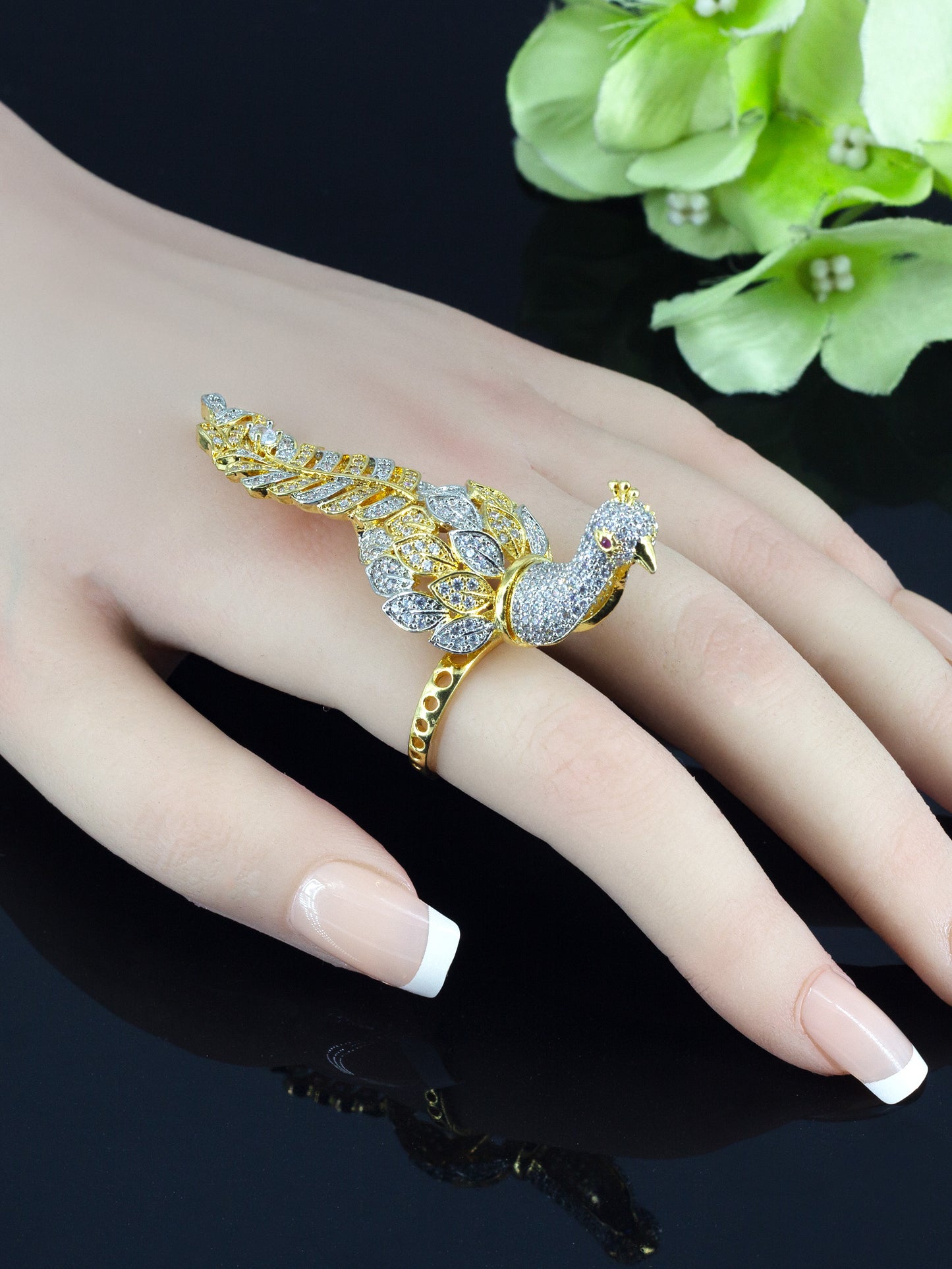 Gold Plated Peacock AD Adjustable Finger Ring for Women