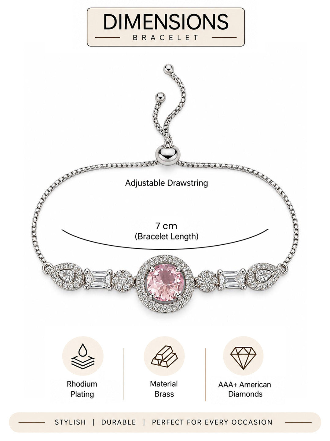 Rhodium Plated Pink AD Adjustable Bracelet for Women