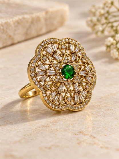 Antique Gold Plated Green AD Finger Ring for Women