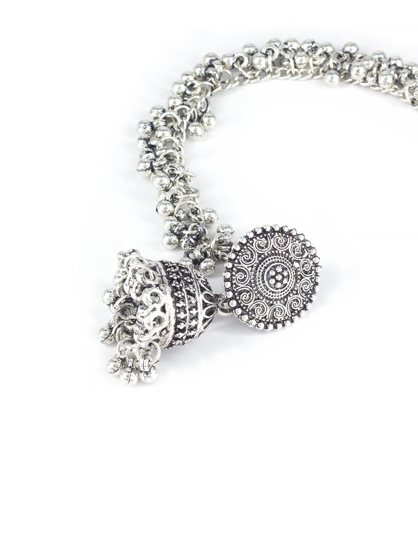 Silver-Plated Dome Shaped Jhumkas With Hair Chain