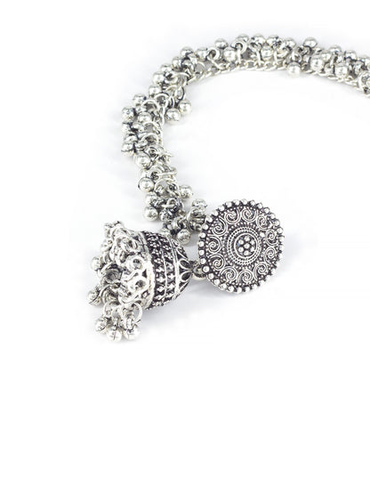 Silver-Plated Dome Shaped Jhumkas With Hair Chain