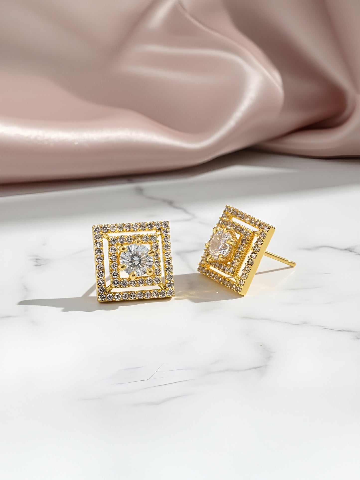 Gold Plated American Diamond Square Studs for women