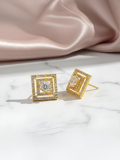 Gold Plated American Diamond Square Studs for women