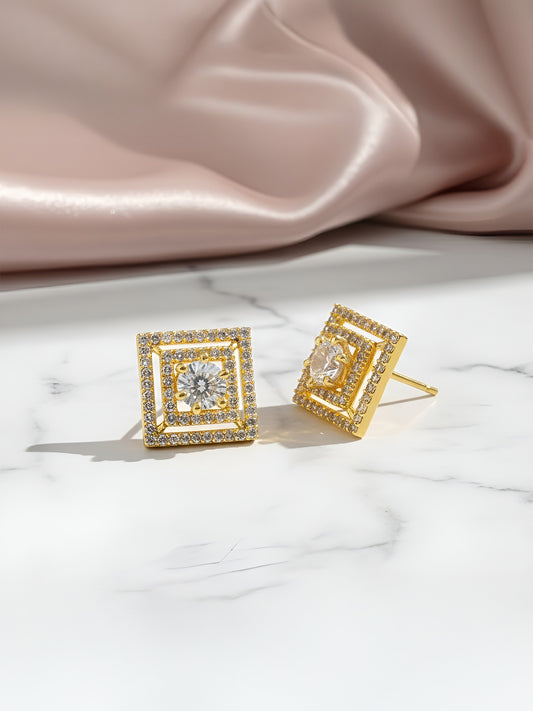 Gold Plated American Diamond Square Studs for women