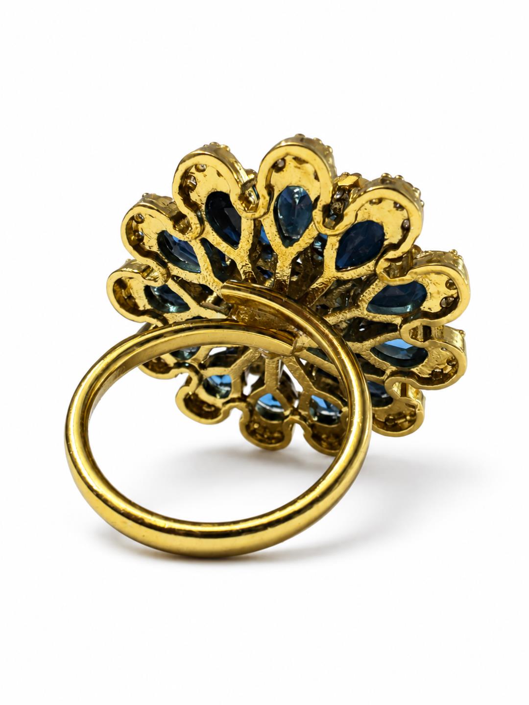 Antique Gold Plated Blue AD Floral Finger Ring for Women