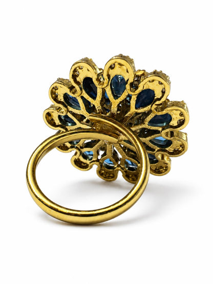 Antique Gold Plated Blue AD Floral Finger Ring for Women