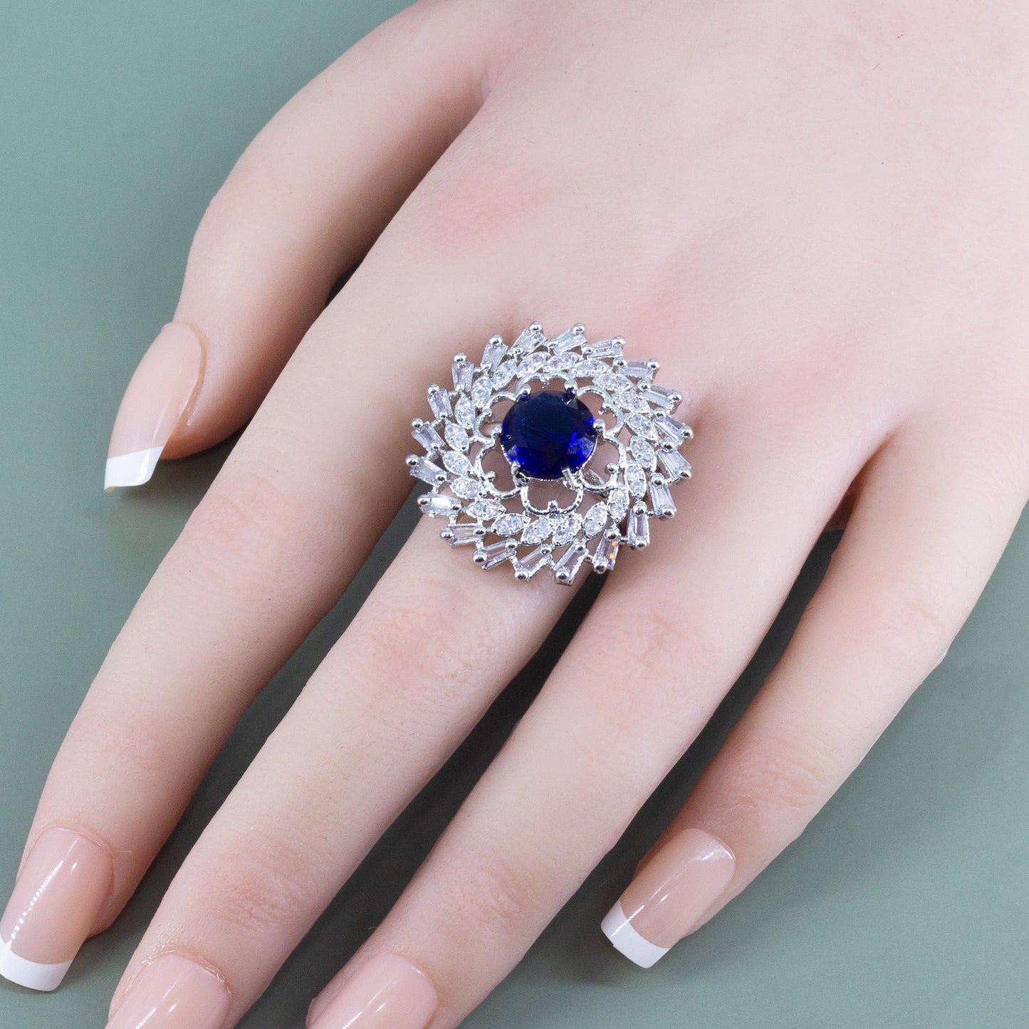Silver Plated Blue AD Floral Adjustable Ring for Women