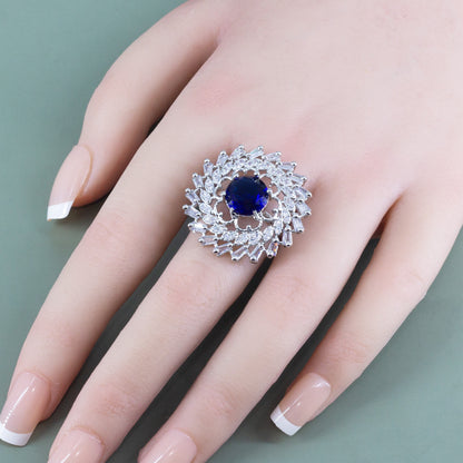 Silver Plated Blue AD Floral Adjustable Ring for Women