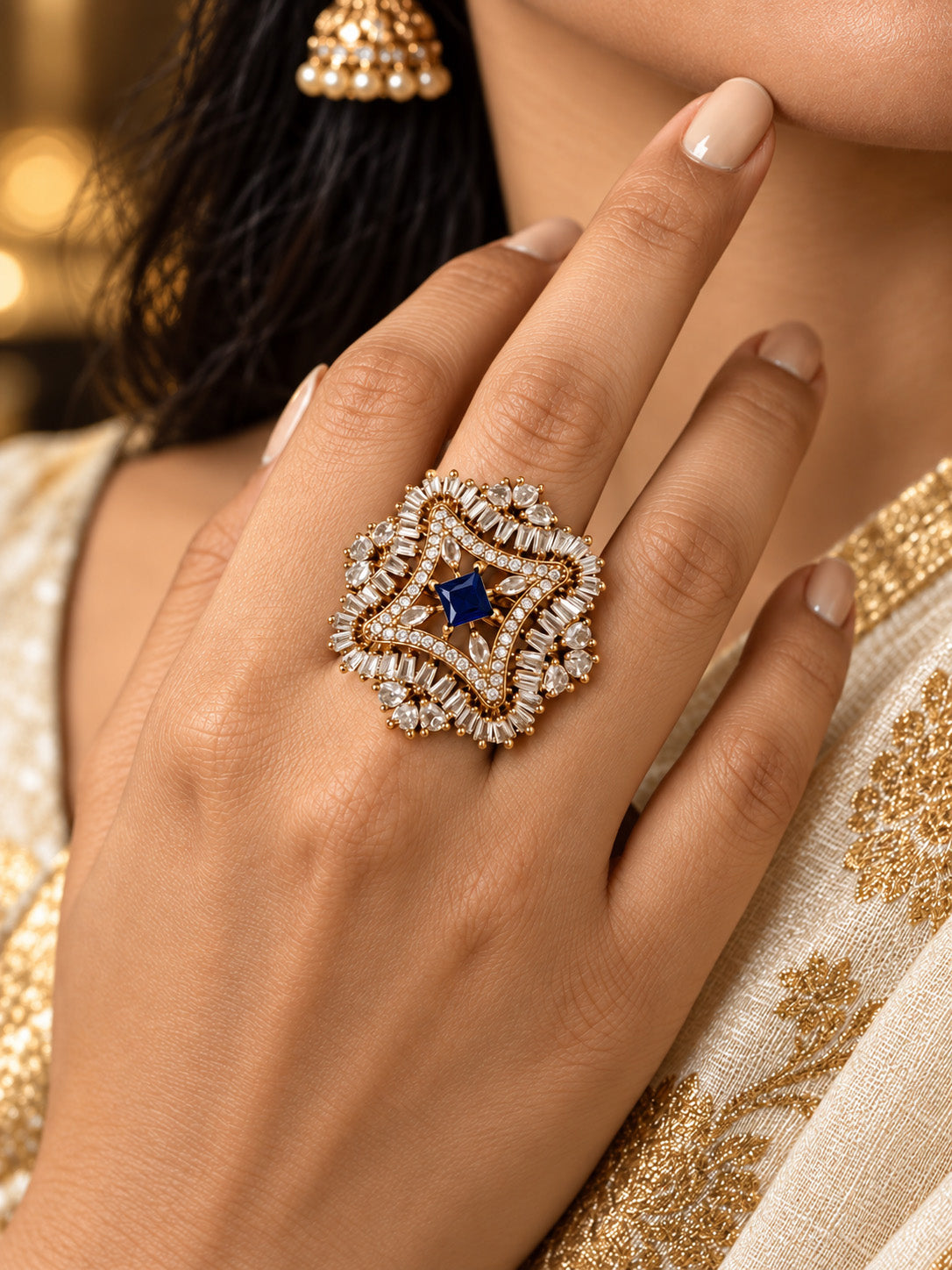 Antique Gold Plated Blue AD Finger Ring for Women
