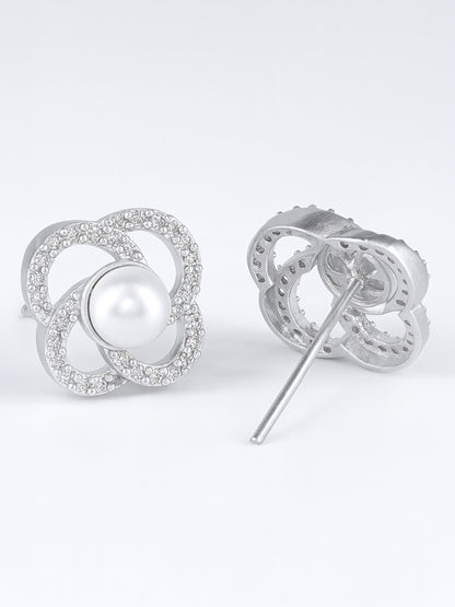 Silver Plated AD Floral Design Stud Earrings for Women