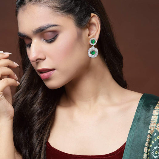 Rhodium Plated Green American Diamond Trendy Drop Earrings