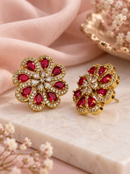 South Indian Gold Plated Red AD Floral Stud Earrings for Women