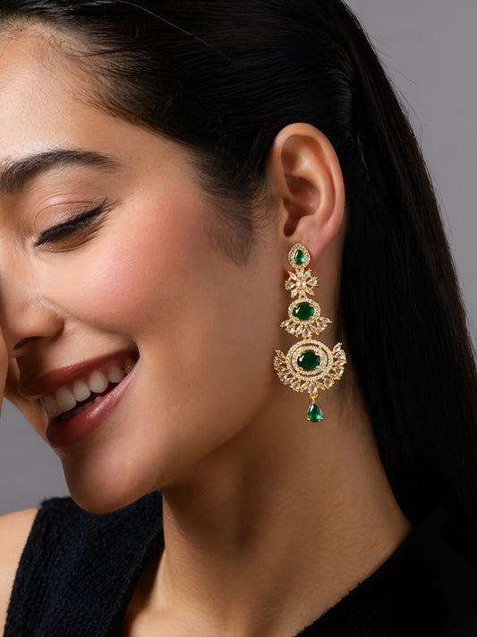 Gold Plated Green AD Long Earrings for Women