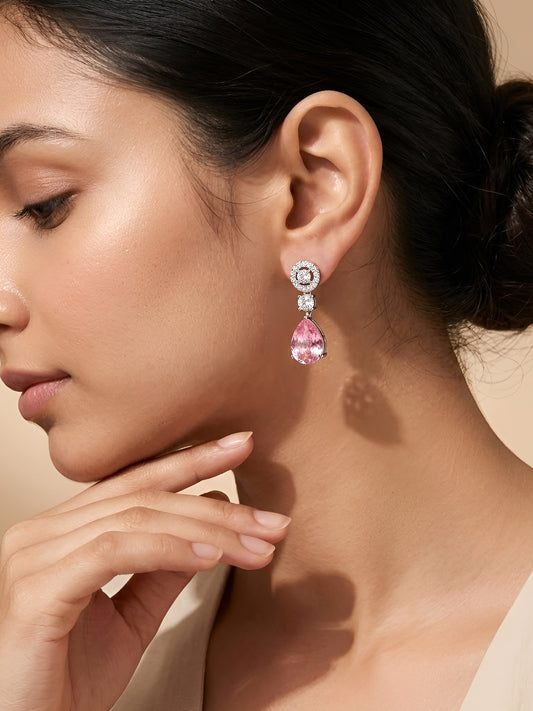 Silver Plated Pink AD Drop Earrings for Women
