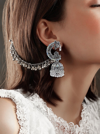 Silver Oxidised Rhinestone Jhumka Earrings with Chain