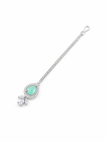 Silver Plated Mint Green AD Maang Tikka for Women