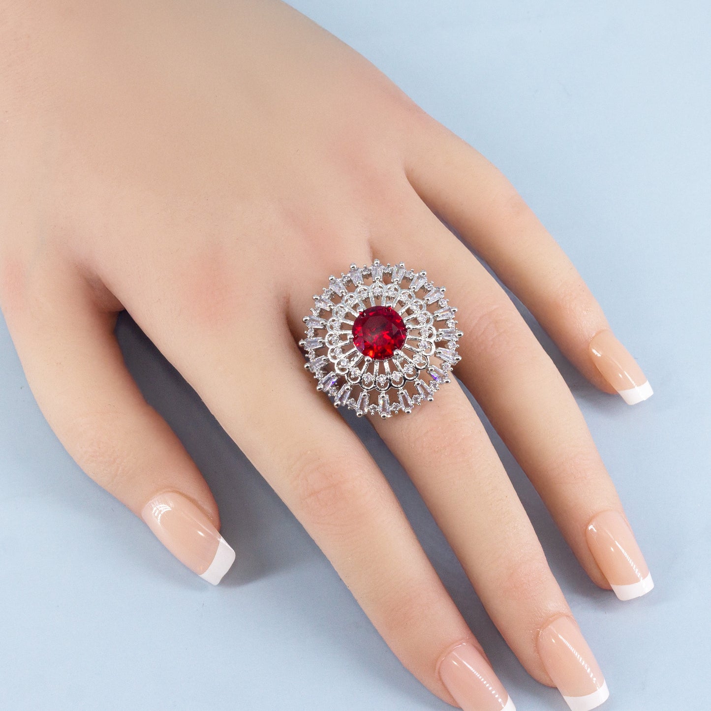Rhodium Plated Red AD Designer Adjustable Ring for Women