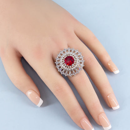 Rhodium Plated Red AD Designer Adjustable Ring for Women