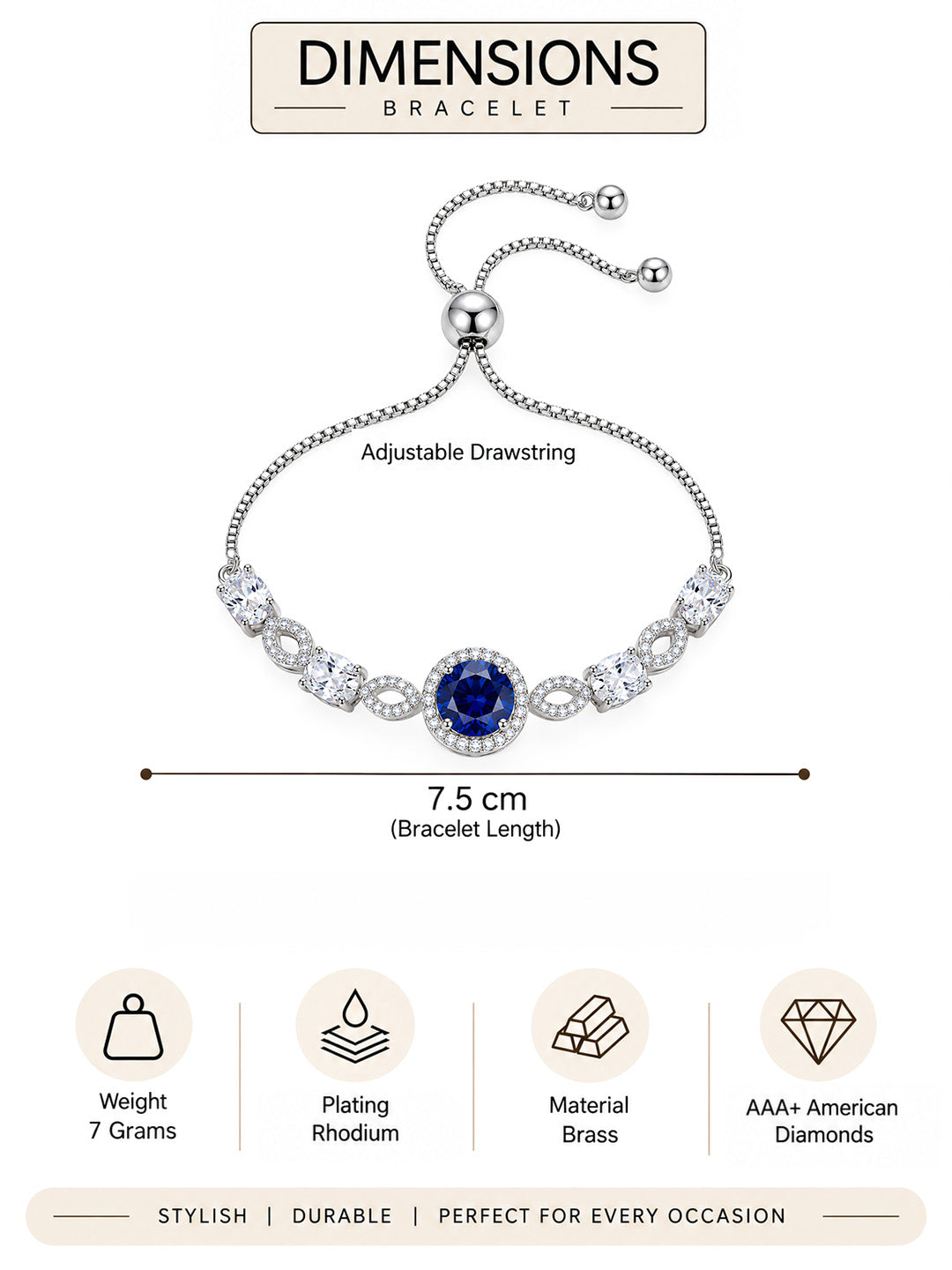 Silver Plated Blue AD Adjustable Bracelet for Women