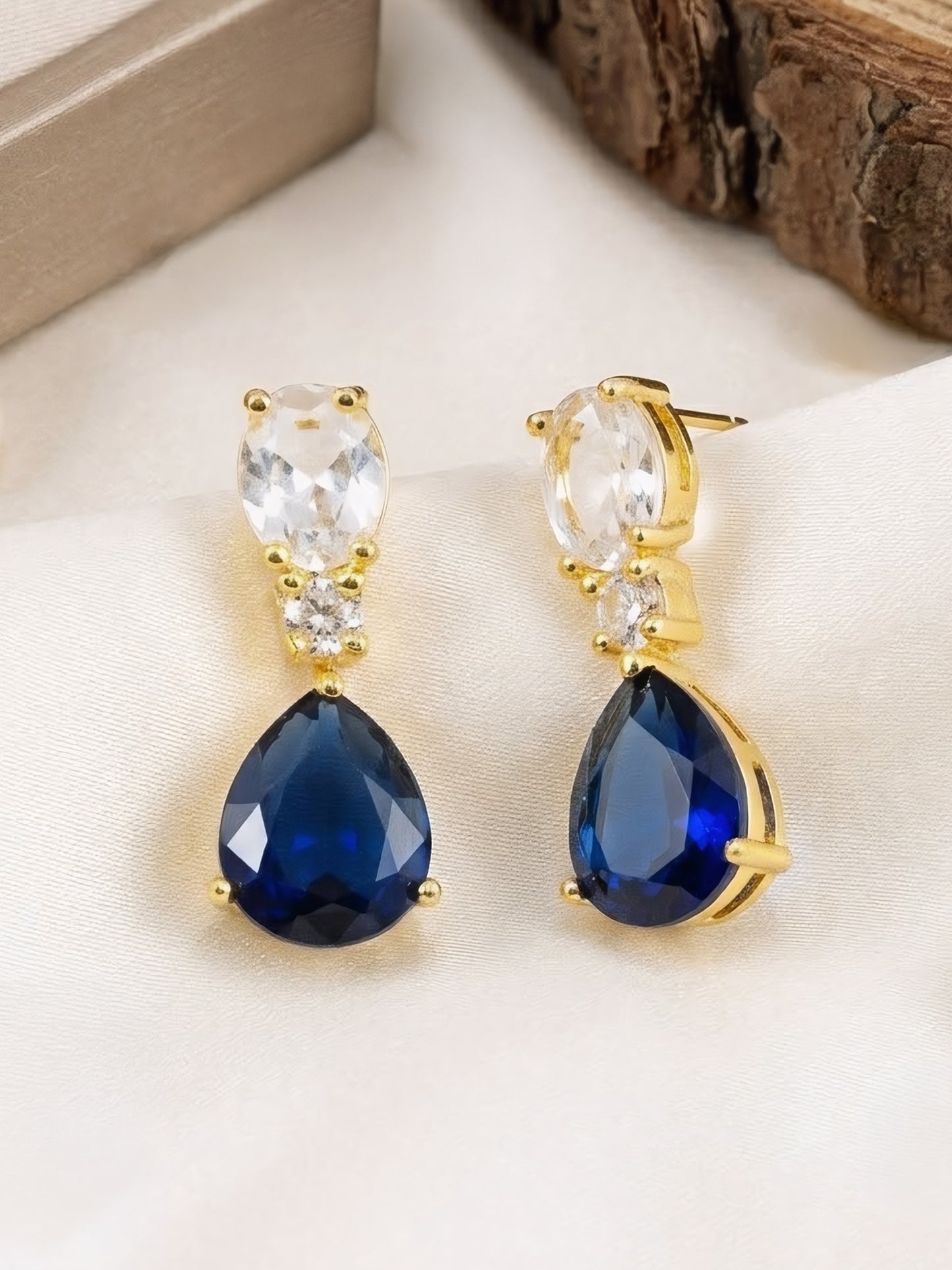 Gold Plated Blue AD Teardrop Earrings for Women