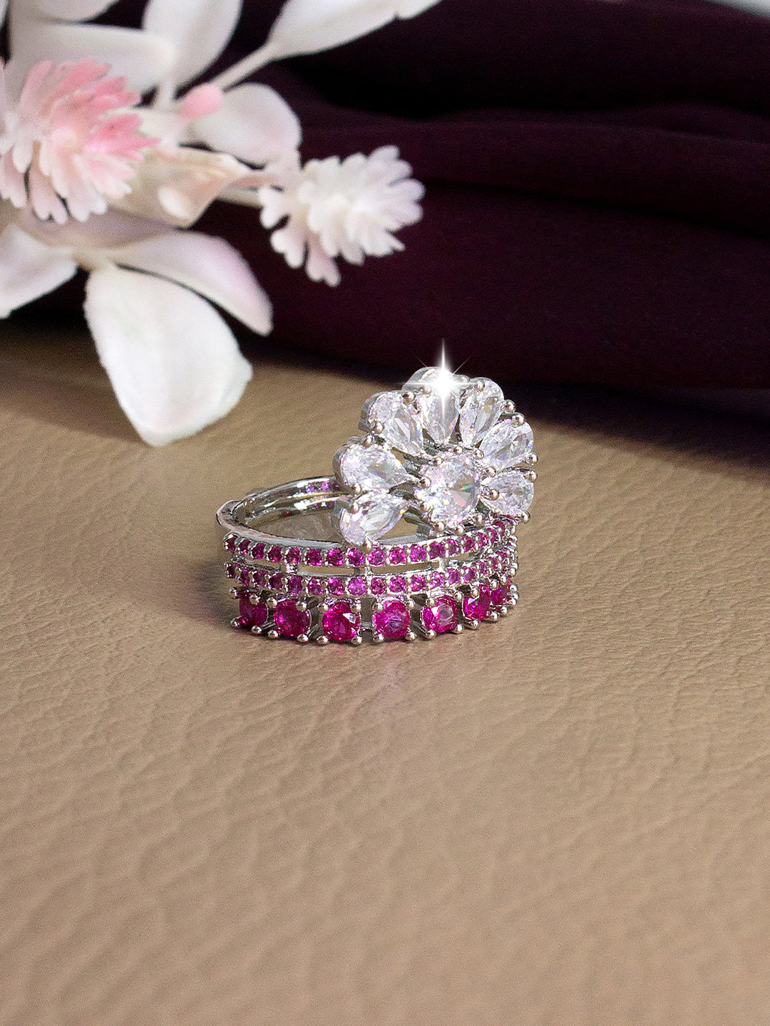 Silver-Plated American-Diamond Designer Floral Adjustable Finger Ring