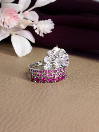 Silver-Plated American-Diamond Designer Floral Adjustable Finger Ring