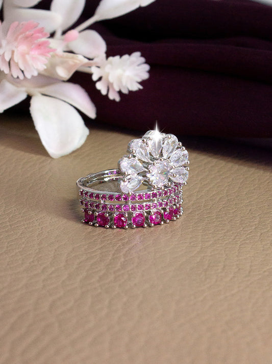 Silver-Plated American-Diamond Designer Floral Adjustable Finger Ring