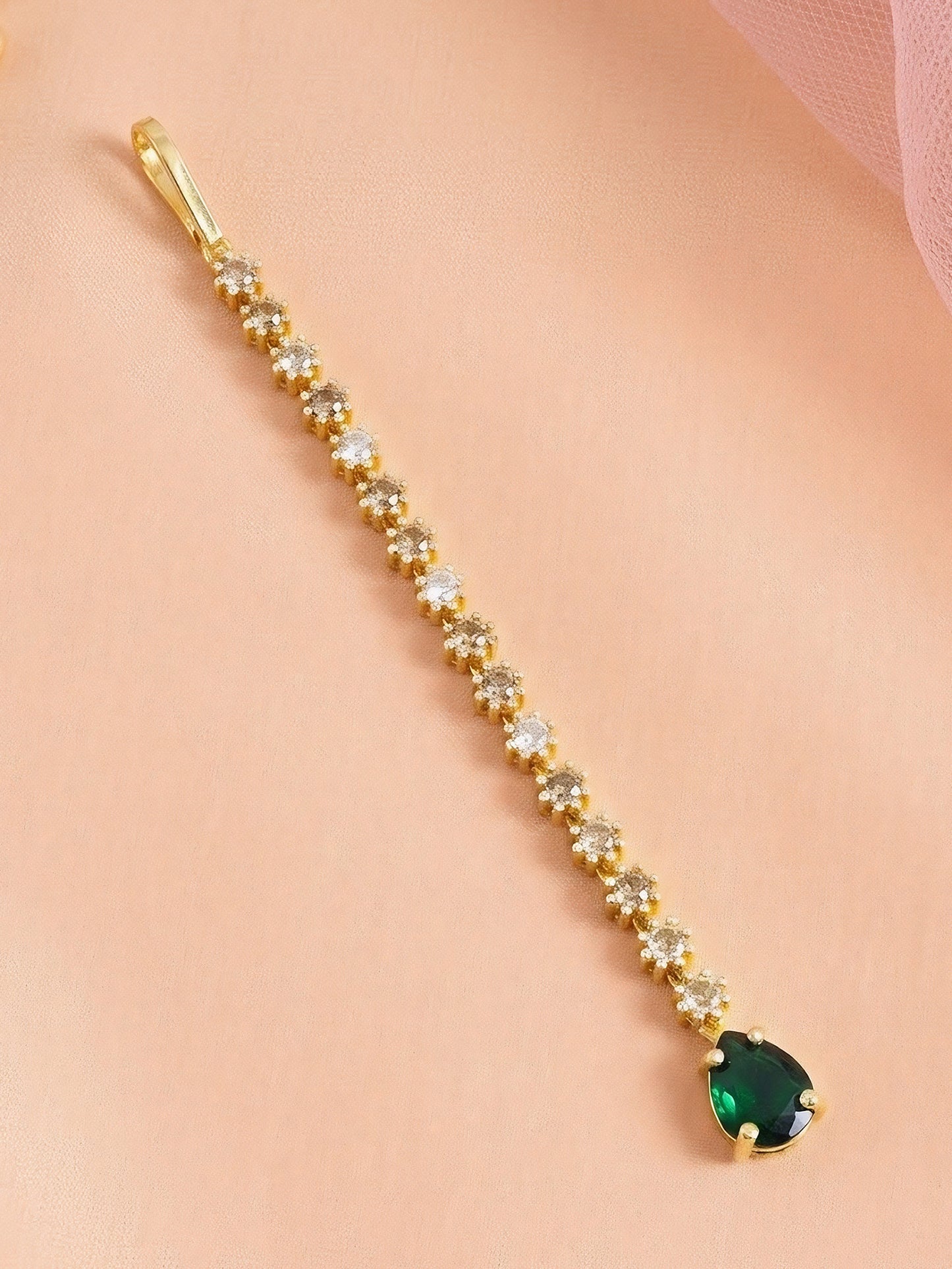 Gold Plated Green AD Teardrop Maang Tikka for Women