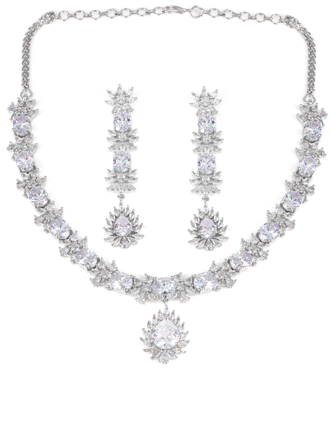 American Diamond Floral Design White Drop Jewellery Set For Women And Girls
