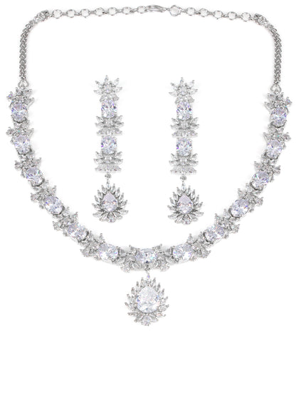 American Diamond Floral Design White Drop Jewellery Set For Women And Girls