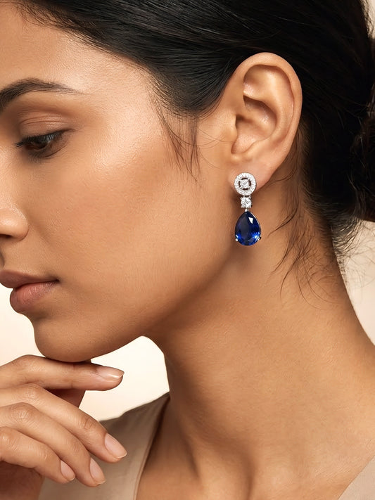 Silver Plated Blue AD Drop Earrings for Women