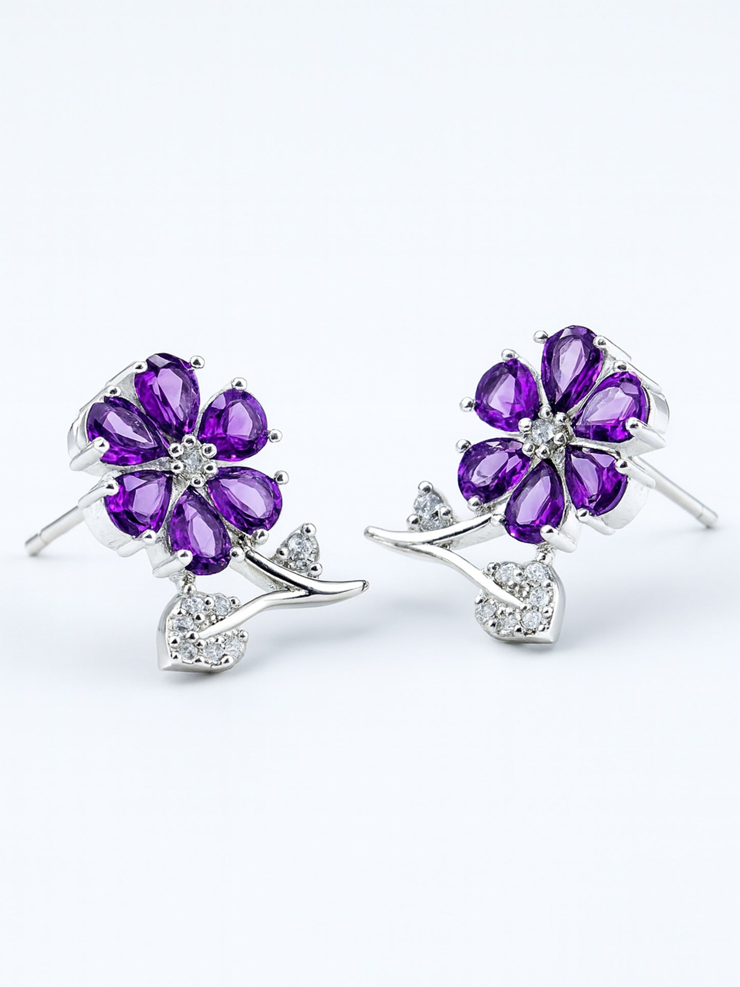 Silver Plated Purple AD Floral Stud Earrings for Women