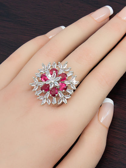 Silver-Plated AD Statement Floral Designer Adjustable Finger Ring