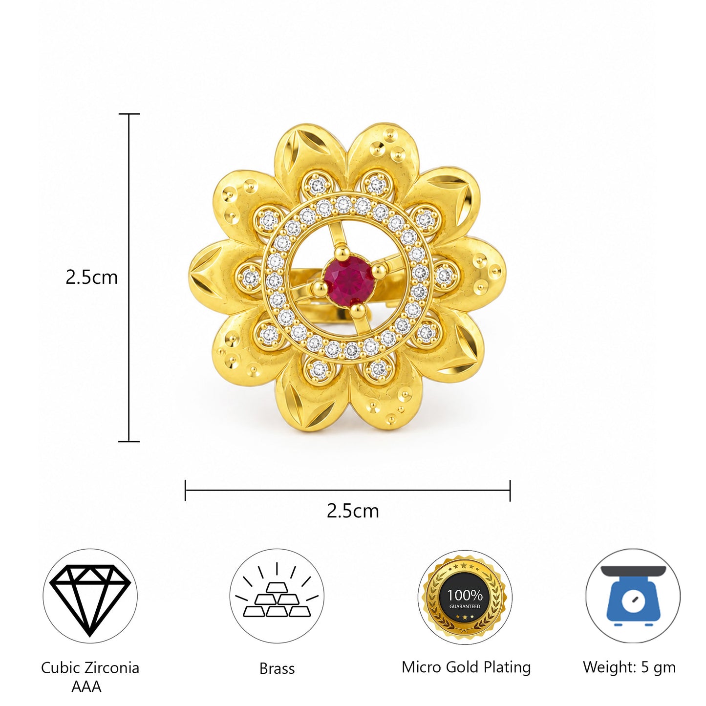 Gold Plated Anti Tarnish Red AD Finger Ring for Women