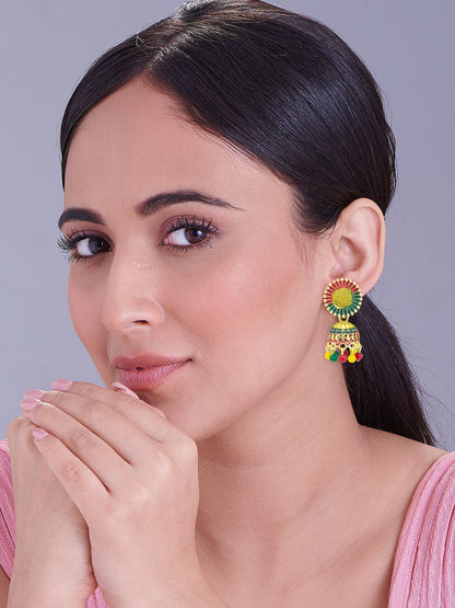 Gold Plated Circular Multi Color Artificial Beaded Jhumki Earrings