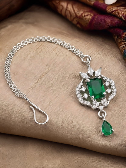 Silver Plated Green AD Maang Tikka for Women