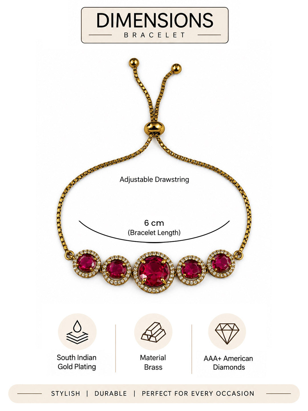 South Indian Gold Plated Red AD Adjustable Bracelet for Women