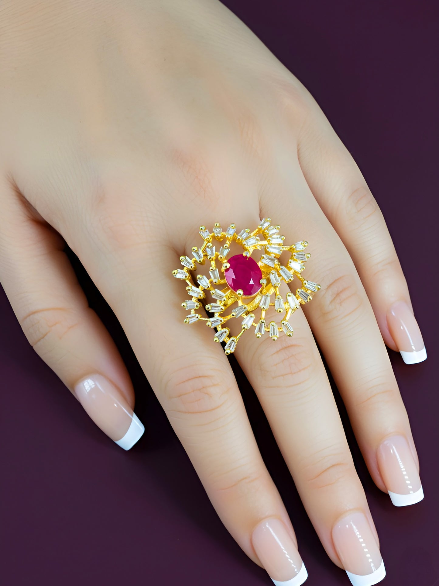 Gold Plated White & Red American Diamond Floral Ring