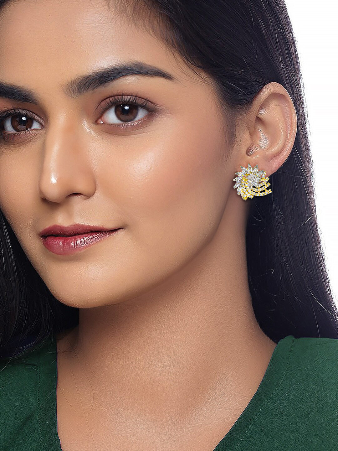 Gold Plated AD Floral Stud Earrings for Women
