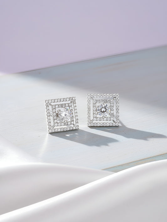 Silver Plated Square AD Stud Earrings for Women
