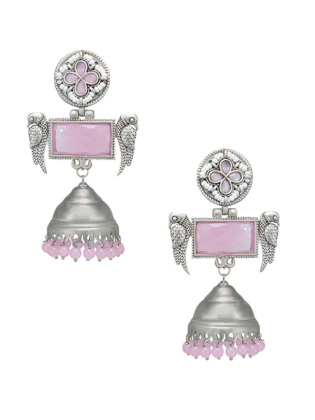 Pink Floral Bird Monalisa Stone Jhumka Earrings