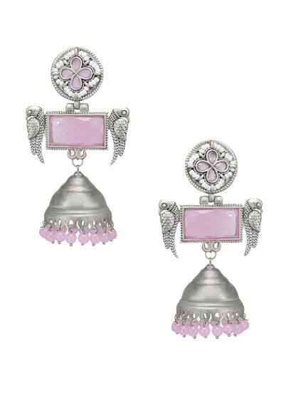 Pink Floral Bird Monalisa Stone Jhumka Earrings