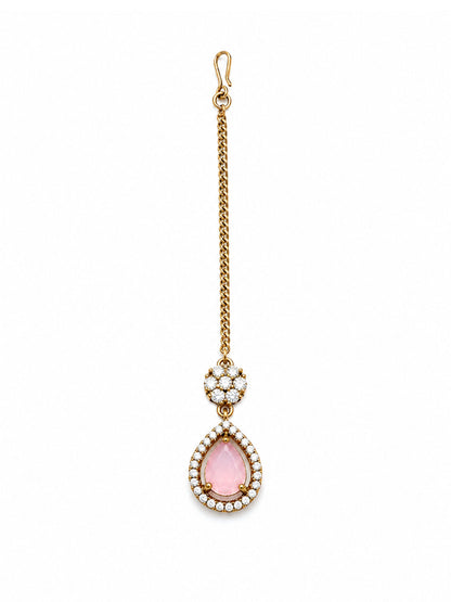 Antique Gold Plated Pink AD Maang Tikka for Women