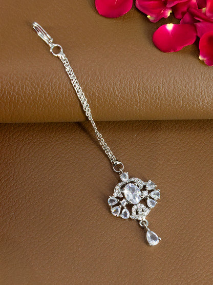 Silver Plated AD Studded Floral Drop Maang Tikka