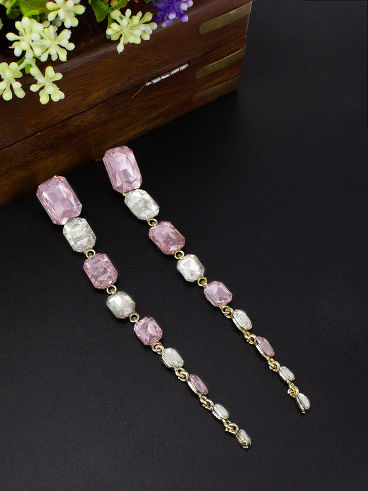 Gold Plated Pink & White Crystal Stones Studded Long Drop Earrings