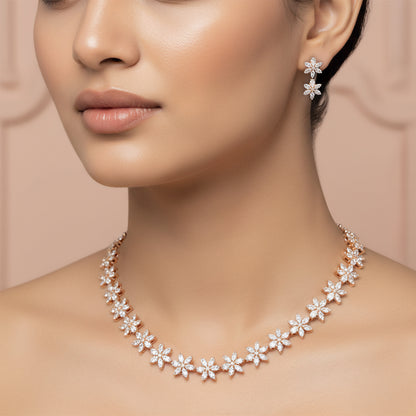 Rose Gold Plated American Diamond Floral Jewellery Set for Women